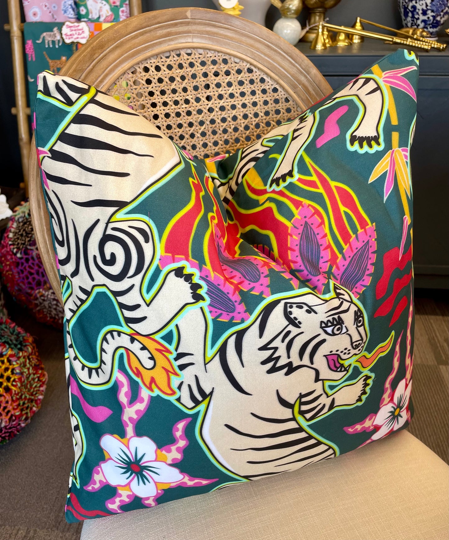 Flaming Tiger Teal Pillow